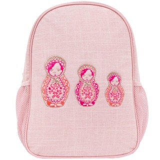 Pink Linen Embroidered Dolls Toddler Backpack